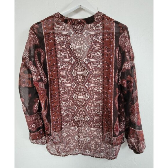 Angie Womens Boho Paisley Floral Semi-Sheer Blouse Small Brown Red Hi-Low Hem - Picture 2 of 7